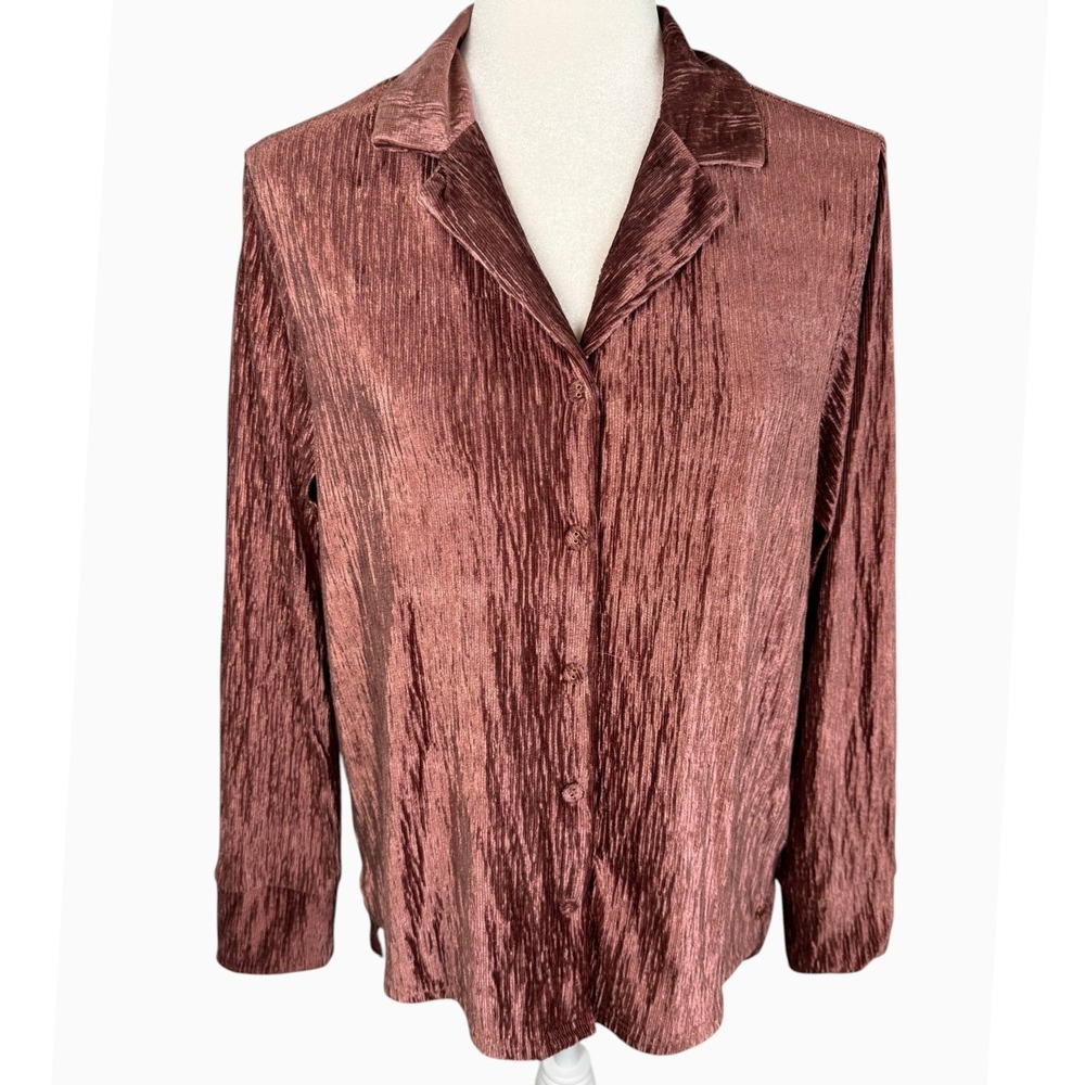 Danskin L Cinnamon Rose Crinkle Velvet Button Down Shirt NWT Style DS2408D